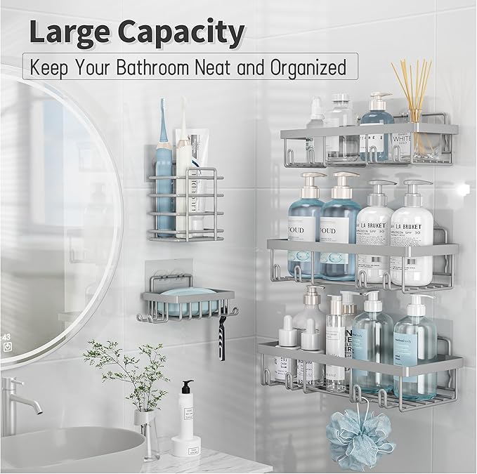 5 Pack Shower Caddy Organizer Rack Shelf for Inside Shower, Self Adhesive Bathroom Wall Storage Basket Rustproof Stainless Steel Large Capacity Shampoo Holder, Grey