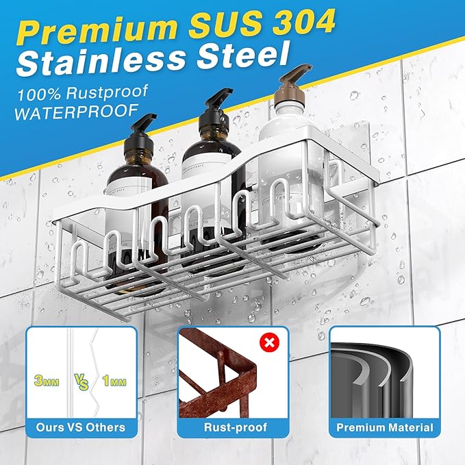 EUDELE 5-Pack Rustproof Stainless Steel Shower Caddy Set– No Drill Adhesive Bathroom Organizer, Space-Saving Shower Shelves for Apartment Essentials, Bathroom/Kitchen Storage Home Decor-L Size