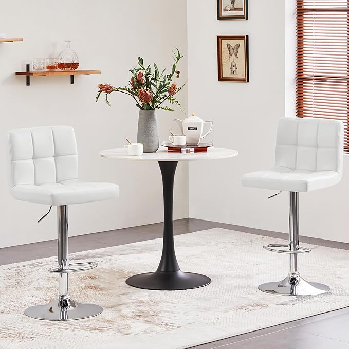 Yaheetech Bar Stools Set of 2, PU Leather Adjustable Swivel Barstools, Armless Hydraulic Kitchen Counter Bar Stool, Kitchen Island Chairs Set of 2, White