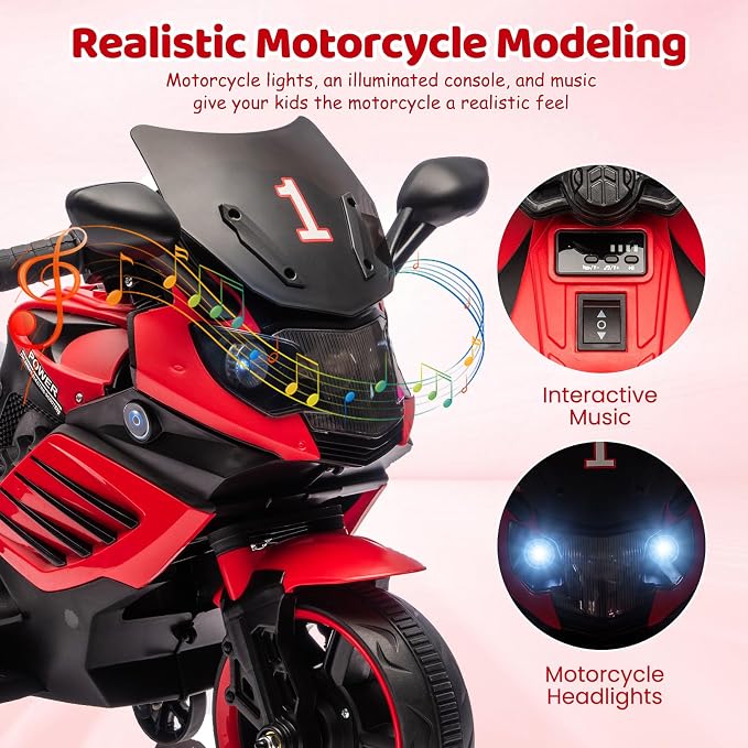 Garvee Kids 6V Ride On Motorcycle, Battery Powered Ride On Toys w/Treaded Tires, Working Headlight, Horn, Music, Training Wheels, Stable Electric Toddler Motorcycle for Kids, Gift for Boys Girls, Red