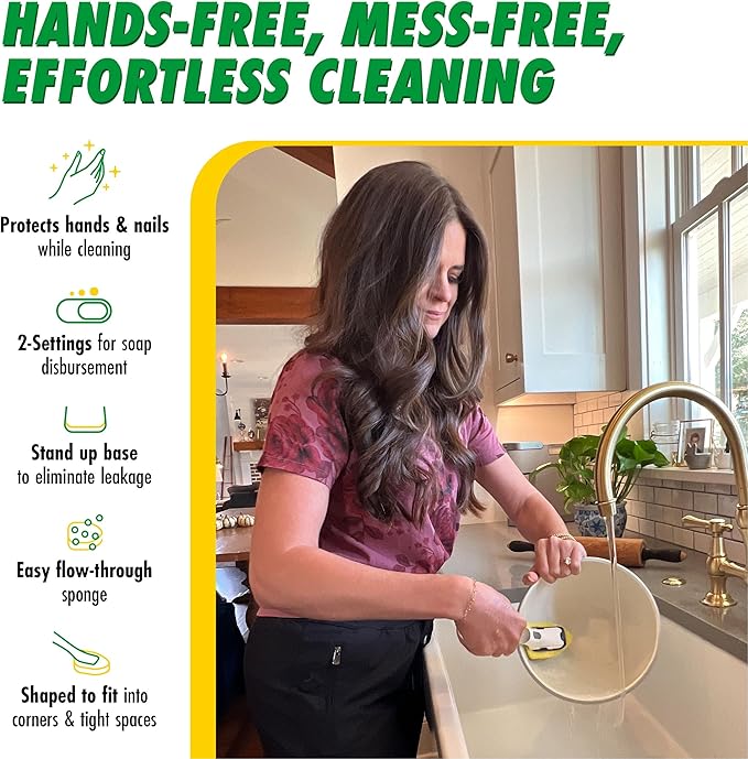 Libman Dishmatic I-Stand Dish Wand Kit, Kitchen Cleaning Scrub Brush with Handle and Soap Dispenser for Scrubbing and Washing Dishes, Refillable Standing Dispensing Scrubber Brushes, 3 Sponge Refills