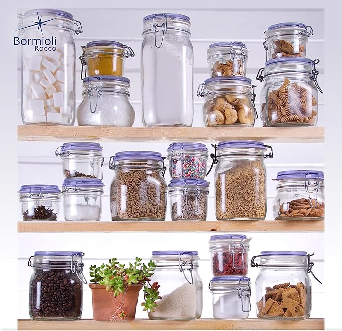 Bormioli Rocco Fido Collection, 2 Pack, 50.75 Oz. Food Storage Glass Jars, Airtight Rubber Seal & Glass Lid, With Stainless Wire Clamp, Made In Italy.