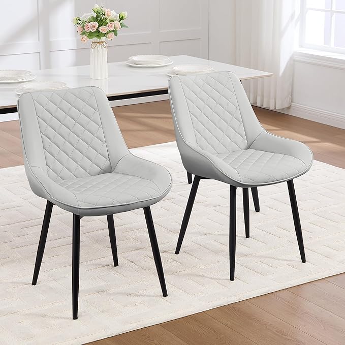 Dining Chair Set of 2, Modern Dining Chairs with Thick Cushions, Faux Leather Upholstered Kitchen Dining Room Chairs with Metal Adjustable Legs for Dining Living Room, Light Grey