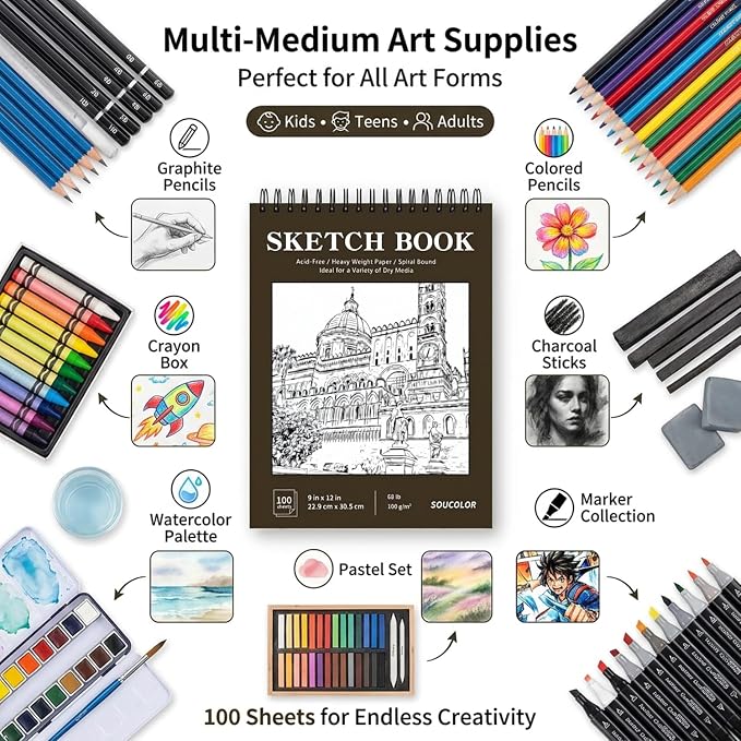 Soucolor Sketchbook 8.5x11 Hard Cover Spiral Bound, 100 Sheets 68lb/100gsm Thick Acid-Free Drawing Paper Lay Flat Sketch Pad Art Notebook for Adults Artists Teachers Students Classroom