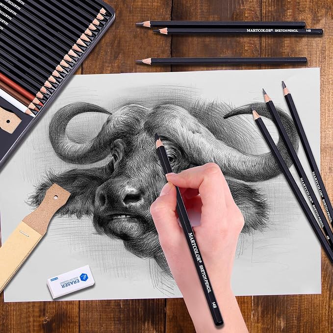 MARTCOLOR Drawing Sketching Pencils Set, 34 Pieces Pro Art Pencil Kit - Graphite Pencils (14B-4H), Charcoal Pencils, Charcoal Sticks, Artist Pencils for Beginners & Pro Artists