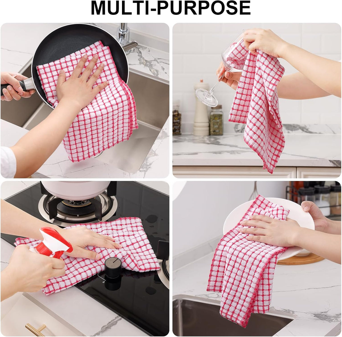 Kitinjoy Cotton 12 Pack Kitchen Towels and Dishcloths Sets, 16 x 25 Inch & 12 X 12 Inch Dish Towels Bulk, Super Soft and Absorbent Hand Towels for Kitchen Drying, Red