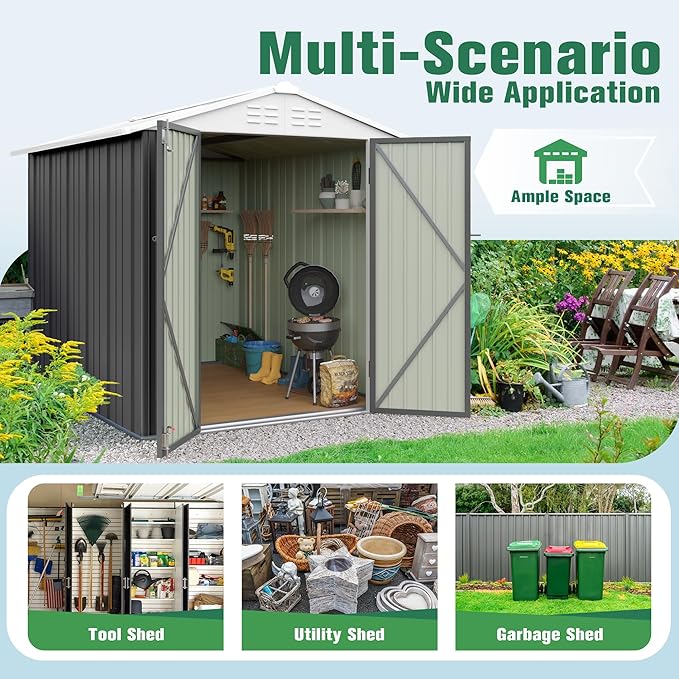 Flamaker 6x8 FT Storage Shed Waterproof Metal Garden Shed with Lockable Door Utility Tool Shed Outdoor Storage for Backyard, Patio and Lawn, Grey