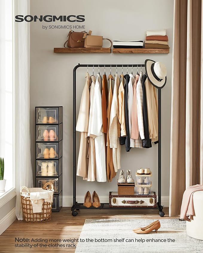 SONGMICS Clothes Rack with Wheels, Clothing Rack for Hanging Clothes, 25.4 mm Metal Garment Rack with Dense Mesh Storage Shelf, 110 lb Load Capacity, 2 Brakes, Black UHSR25BK