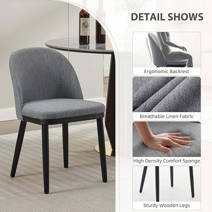 Wooden Dining Chairs Set of 2,Upholstered Kitchen Dining Room Chairs with Curved Backrest and Wood Leg,Modern Fabric Farmhouse Dinner Chair for Restaurant/Cafe,Grey