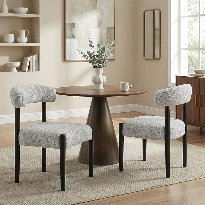 VKNOW Wooden Dining Chairs Set of 4, Modern Upholstered Dining Room Chairs with Black Rubberwood Legs and Curved Backrest, Fabric Kitchen Chairs for Dining Room, Heathered Off-White(Black Legs)