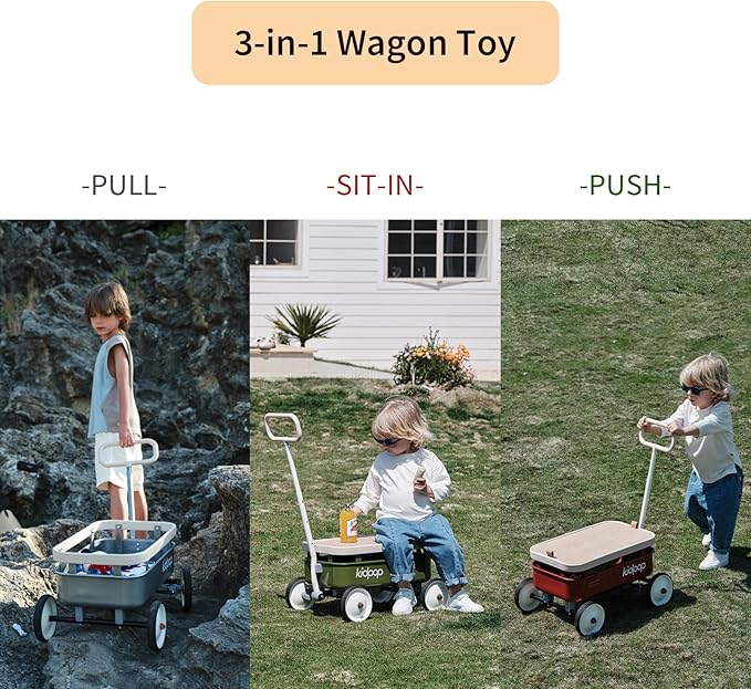 kidpop PULA-Wild 3-in-1 Kids' Pull-Along Wagon Toddlers Push Walker for 2.5-8, Removable Wooden Cover and Adjustable Handlebar, Birthday Gifts Max Weight 33 lbs (Grey)