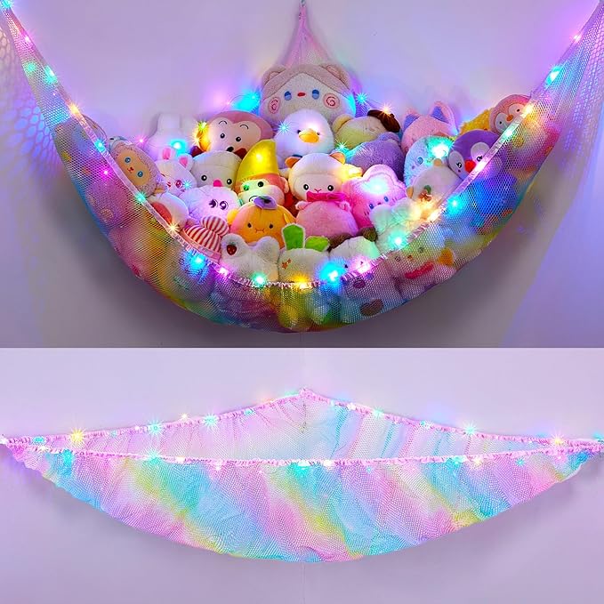 Unicorn Castle Stuffed Animals Net or Hammock Kids Toy Storage Organizer with LED Light Hanging Corner Stuffed Animals Holder Kids Girls Room Decor,Rainbow-A,XLarge (Pack of 1)