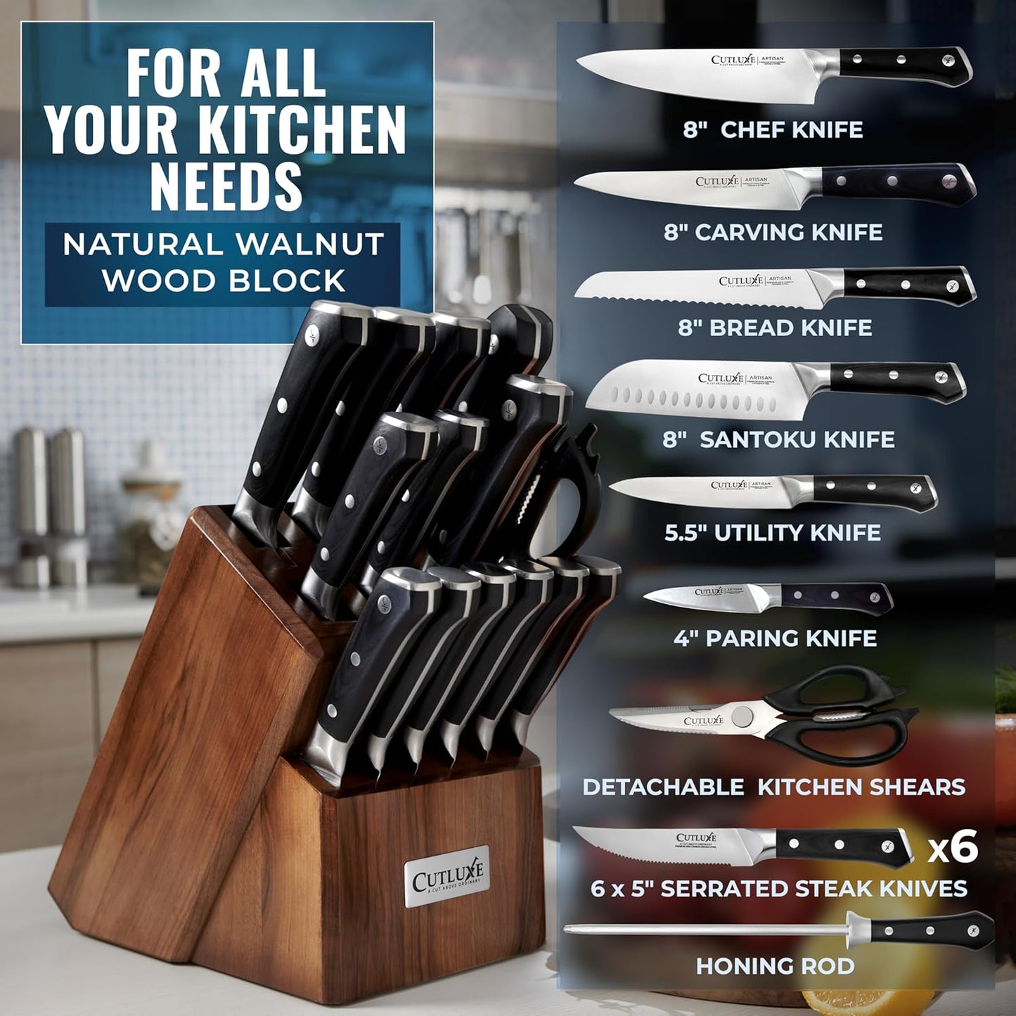 Cutluxe 15-Piece Knife Set – High Carbon German Steel Blades, Full Tang Design & Ergonomic Pakkawood Handles in Walnut Wood Block – Artisan Series