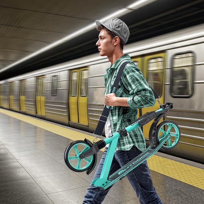 Outdoor Cruiser Kick Scooter for Ages 6+, for Kids, Teens, and Adults, Max Load 250 LBS, Foldable, 8-inch Wheels for Kids and Adults, Dual Suspension, 3 Adjustable Levels, Child Safety Approved, Aqua
