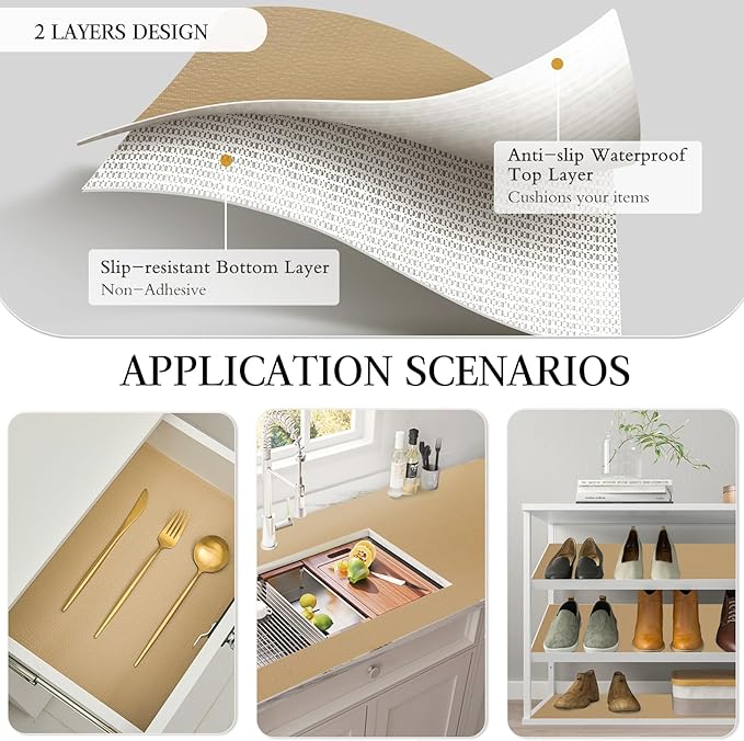 Beautysaid Shelf and Drawer Liner for Kitchen Cabinet, Non Adhesive Non Slip Shelf Paper Waterproof Washable Thickened for Dresser Pantry Shelve Bathroom Protector Liner(Beige,23.6 in x 10 FT)
