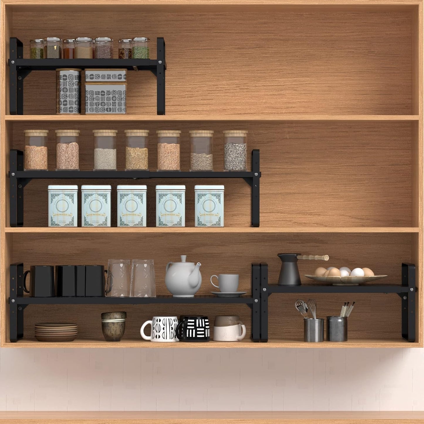 Expandable Cabinet Shelf Organizer Adjustable Metal Spice Rack Stackable Freestanding Counter Storage Shelves for Kitchen Cabinet Under Sink Office Desk (Black - 2Pack - L16.5-27'' * W8'' * H9.6'')