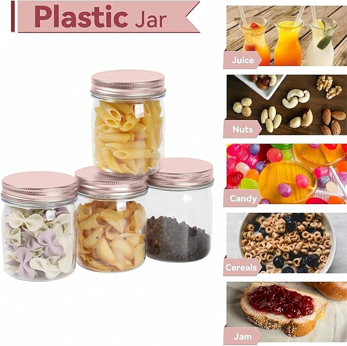 novelinks 8 oz Clear Plastic Jars with Airtight Lids, 48 Pack Plastic Mason Jars with Lids 8oz, Refillable Storage Slime Containers & Small Spice Jar for Kitchen Organization (48 Pack,Rose Gold)