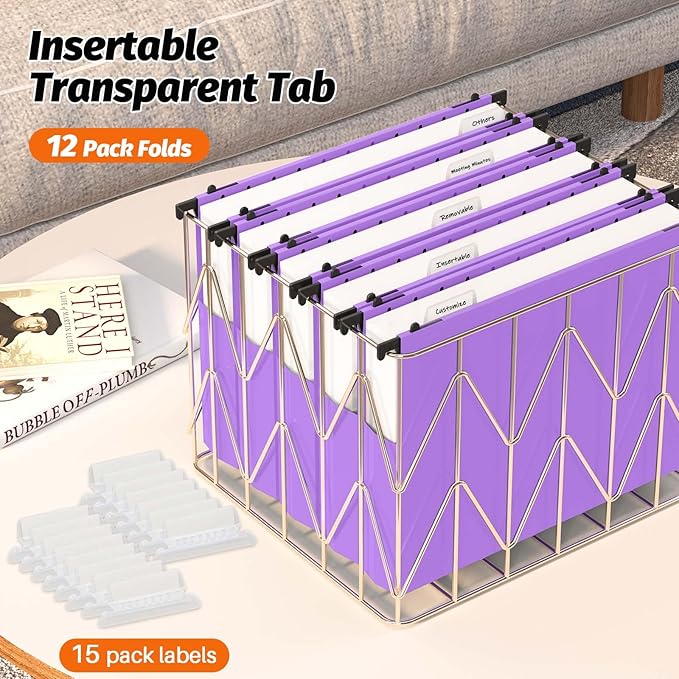 Extra Capacity Plastic Hanging File Folders,12 Pack Reinforced Expanding Hang Folder Letter Size,Accordian Pocket,Heavy Duty 2 Inch Expansion,Hanging Folder Organizer for Office Home,Purple