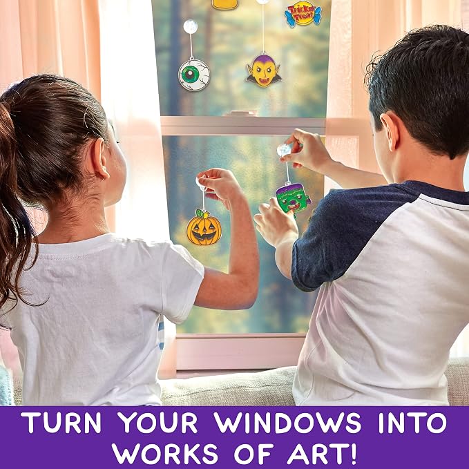 Made By Me Create Your Own Halloween Window Art by Horizon Group USA, Make 20 Projects, Includes Suncatcher Frames & Window Clings, Glow-in-The-Dark Paint, Paint Tubes, Suction Cups & Cording,Multi