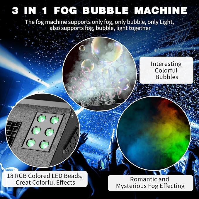 2000W Fog Bubble Machine, 3 in 1 Bubble Machine with 2 Bubble Fans,7 CH 18 RGB LED Lights Smoke Bubble All IN 1 Machine, Fog Machine Stage Effect for Party, Wedding, Halloween, 2 PACK