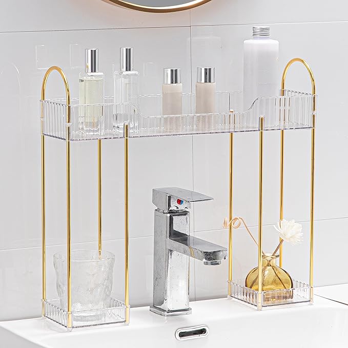 YCIA&DONE Bathroom Countertop Organizer Over The Faucet, Narrow Counter Organizers Above Sink, Table Mounted Shelf for Kitchen, Toilet, Laundry(White Clear)