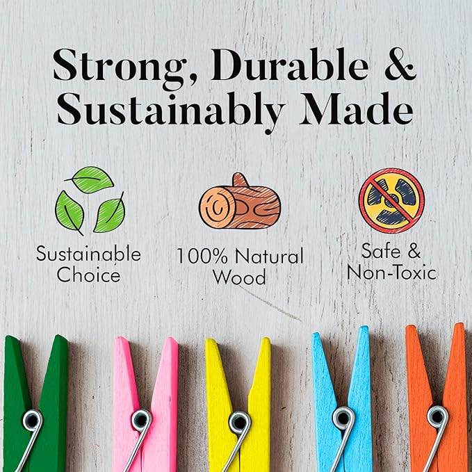 Zeno Pink Clothes Pins Wooden – 50 Pack Wooden Clothespins 2.9 Inch with Rust-Resistant Coil, Natural Wood Clips for Laundry, Hanging Clothes, Crafts & DIY - Pink