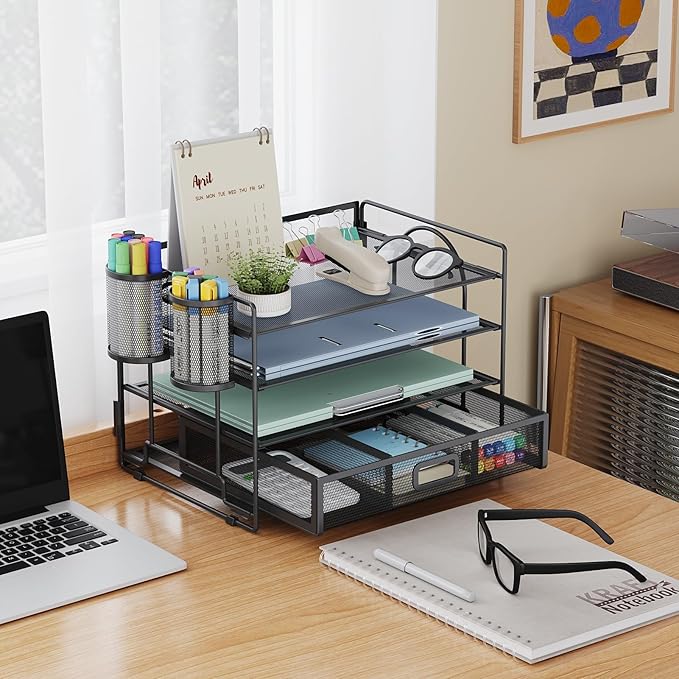 Marbrasse Desk Organizer and Accessories4-Tier Paper File Letter Tray Accessories & Workspace Desk Organizers with Drawer and 2 Pen Holders for School Home Office Supplies (Black)