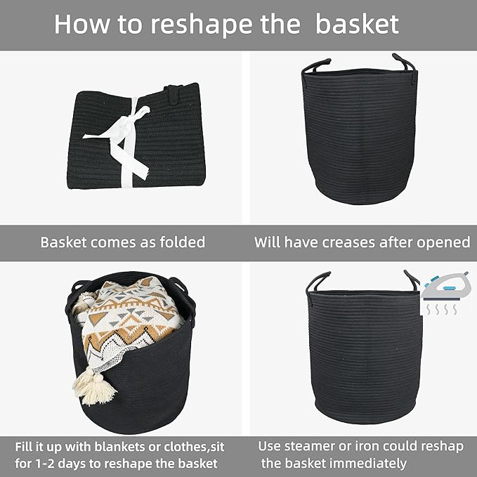Black Cotton Rope Laundry Basket Hamper for Clothes Woven Storage Basket for Living Room Bedroom Boho Tall Rope Baskets for Blanket Toys Pillow Towels Baby Nursery Hamper Bin Large