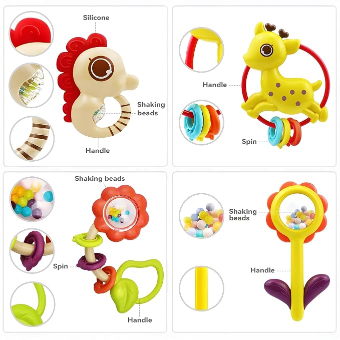 MOONTOY 12pcs Baby Rattles for Babies 0-6 Months Teething Toys 3-6 Months, Newborn Infant Teethers Baby Toys 6-12 Months, Montessori Baby Easter Basket Stuffers Gifts 1 2 3 4 5 6 7 9 10 Month Boy Girl