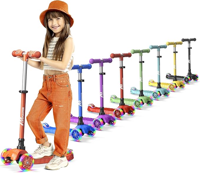 Lifemaster Mini 3-Wheel Kids Scooter with Multi-Color Wheel Lights – 4-Height Adjustable Handlebar, Wide Anti-Slip Deck, Child Safety Certified, Boys & Girls Ages 2+ Supports Up to 110 lbs