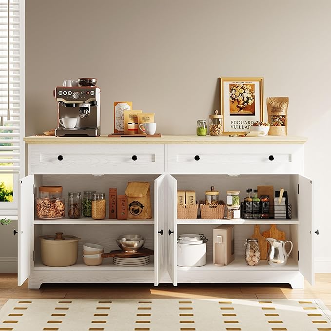 IRONCK Buffet Cabinet with Storage, Sideboard Storage Cabinet, Kitchen Cabinet with Drawers and Doors, Natural Wood