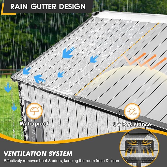 MELLCOM 8 x 6 FT Outdoor Storage Tool Shed with Windows and Lockable Door, Resin Outdoor Storage Shed with Floor, Resin Garden Shed for Lawnmower, Pool Supply, Bike