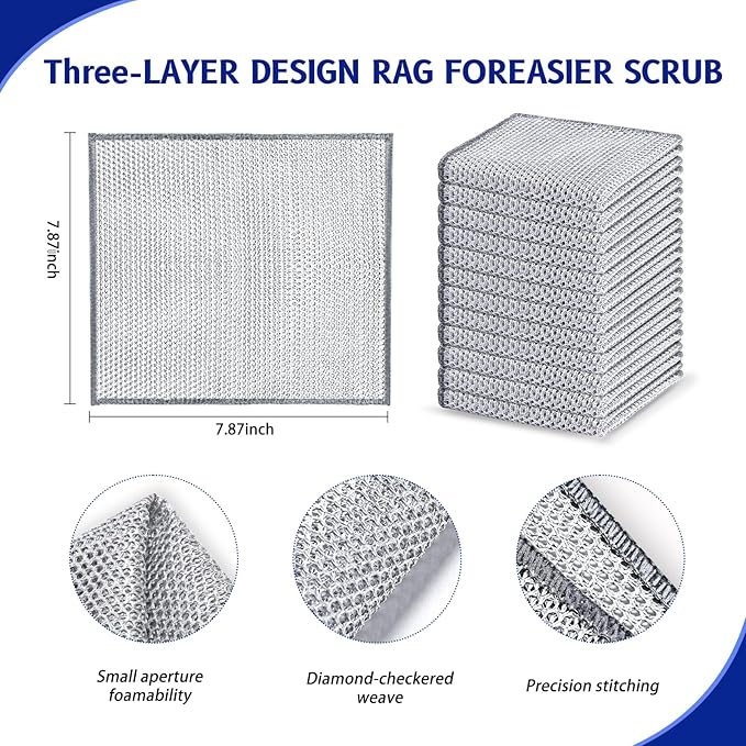 50 PCS 3-Layer Non-Scratch Multipurpose Steel Wire Dishcloths - Reusable Quick-Dry Odor-Free Scrub Cloths for Dishes, Kitchen Cleaning Cloths for Cookware, Sinks, Stove Tops(7.87X7.87)
