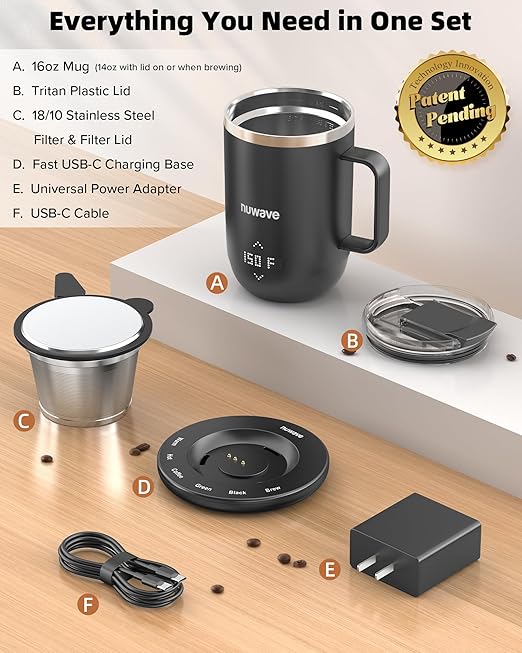 Nuwave Smart Heated Coffee Mug Rechargeable, 16oz Self Heating Temperature Control Mug with LED Display, Custom Brew Modes, Double-Wall Vacuum Insulation, 5-Hour Battery Life, Auto Shut-Off