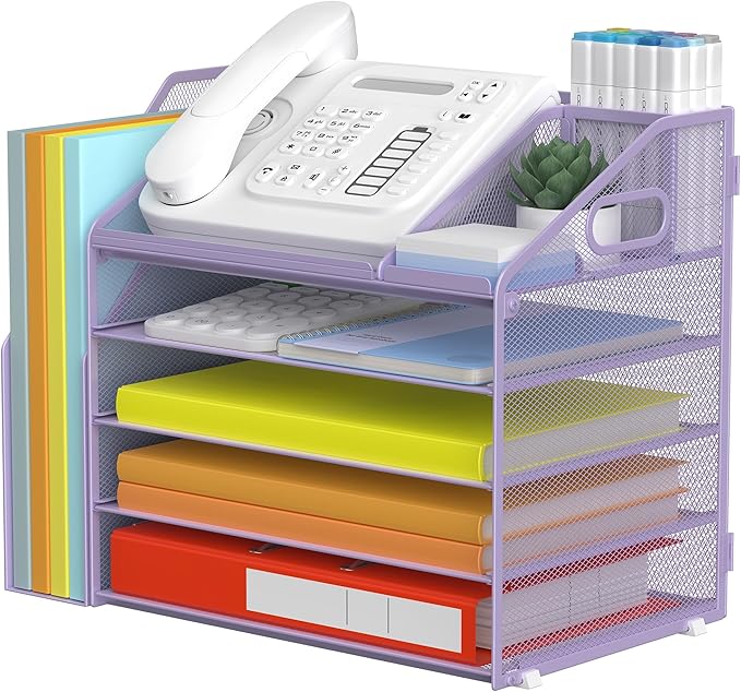 DocNest 5 Tier Paper Letter Tray File Organizer, Mesh Desk File with Handle, Workspace Desk Organizers with Pen Holder, Office Organization Storage Accessories - Purple