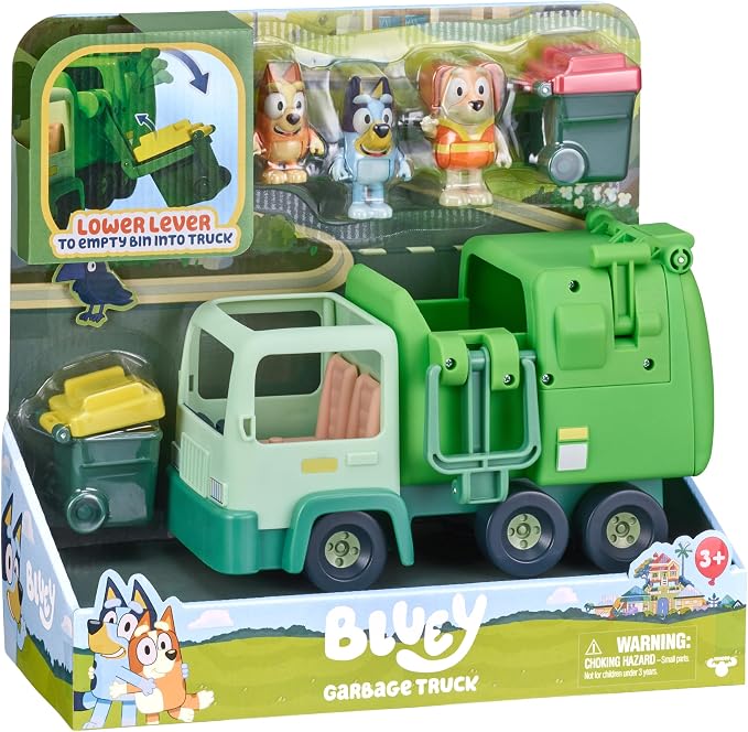 Bluey Garbage Truck Playset, Bingo & Bin Man Figures, Garbage Truck Toys for Boys Age 4-7 w/ Characters, Interactive Lever Action