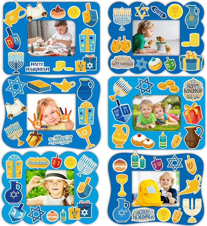 30 Packs Hanukkah Picture Frame Craft Kits for Kids Hanukkah DIY Craft Set with Menorah Dreidel Jewish Festival Stickers Home Classroom Indoor Game Activities