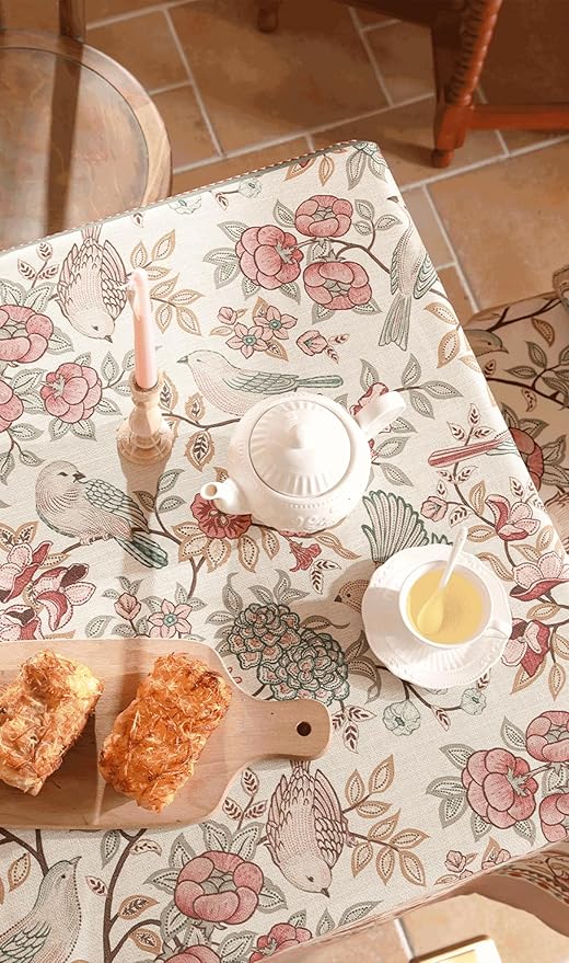 patdrea Designer Pink Linen Table Cloth for Rectangle Table,Vintage Floral with Birds Pattern Decorative Tablcloth,French Table Cover for Kitchen Dining,Thanksgiving,Christmas,55"x79"-Kulom a