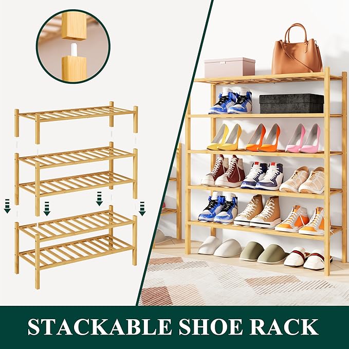 Smiry Shoe Rack, 2 Tier Bamboo Shoe Organizer, Stackable Free Standing Wooden Shoe Storage Shelf for Closet, Entryway, Front Door Entrance, Natural
