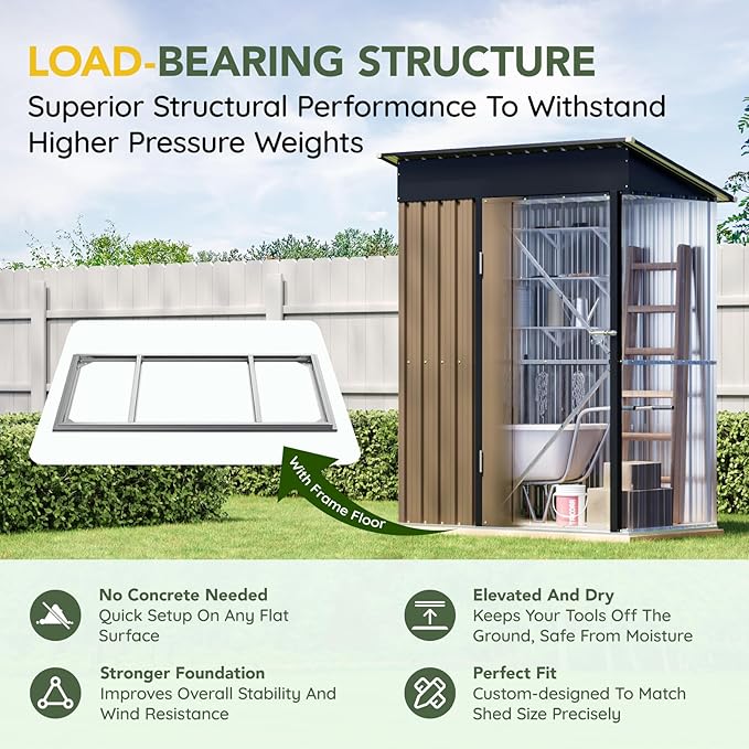 Breezz 5x3FT Vertical Outdoor Steel Storage Shed with Floor Frame, Lockable Doors, Compact Metal Tool Shed for Garden, Backyard, Patio, Utility, and Bike Storage,Brown