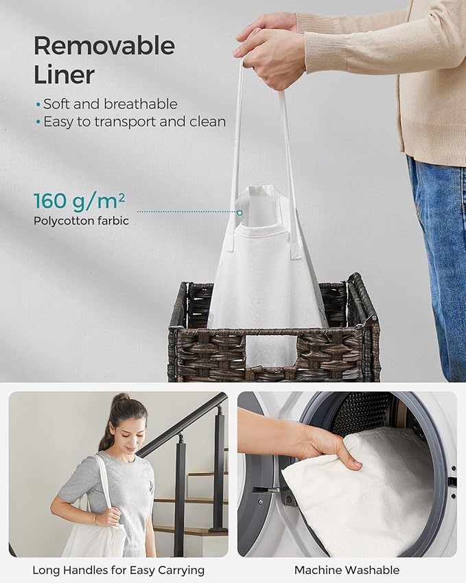 SONGMICS Laundry Hamper with Lid, 23.8 Gallon (90 L) Synthetic Rattan Clothes Laundry Basket with Lid and Handles, Foldable, Removable Liner, Chestnut Brown ULCB051K02