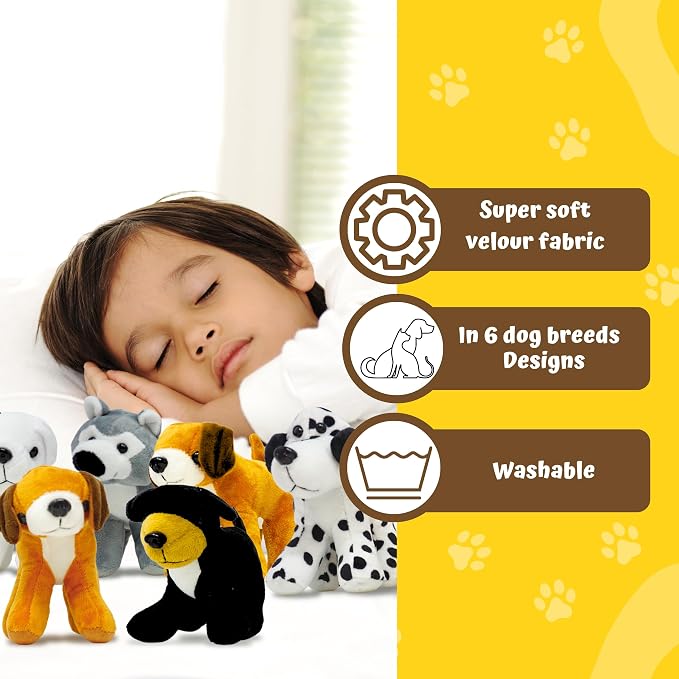 4E's Novelty Plush Dogs Animals (12 Pack) Assorted Stuffed Puppies - 5 Inches, Small Plushed Animals, 6 Designs - for Birthday Party Favors Gifts for Kids