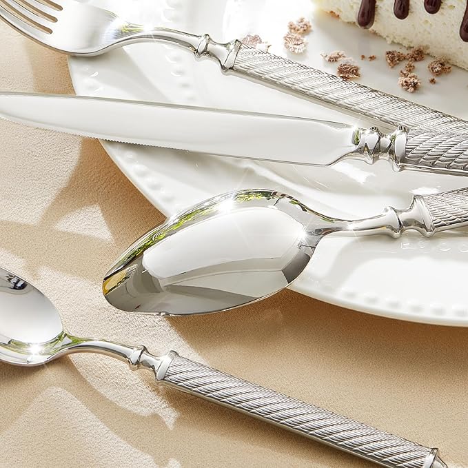 KINGSTONE Retro Rope-Pattern Silverware Set, 30-Piece Flatware Set Cutlery Set Forged with Handcrafted Texture Handles 18/10 Stainless Steel, Dishwasher Safe