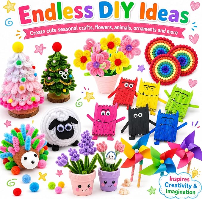 FUNZBO 2000Pcs+ Arts & Crafts Supplies Kits for Kids, DIY Craft Supplies for Toddlers Art Supply Tools Set Pipe Cleaners, Pom Poms and Feather, Birthday Gifts for Kid Girls Ages 4-8-12