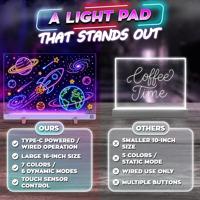LED Drawing Board with USB-C Power – 16 Inch Acrylic Light Board for Tracing with Edge-Lit Color-Changing Glow, 7 LED Colors, 6 Light Modes – Plug-and-Play Kit with Markers, Stands, Gift Box (Blue)