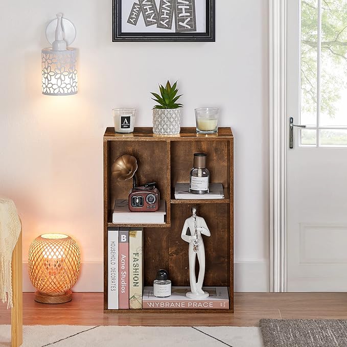 VECELO Small Bookshelf, 3 Cube Shelf, Fits Tallest Hardcovers, Horizontal Available, Short Bookcase for Small Spaces, Vintage Brown