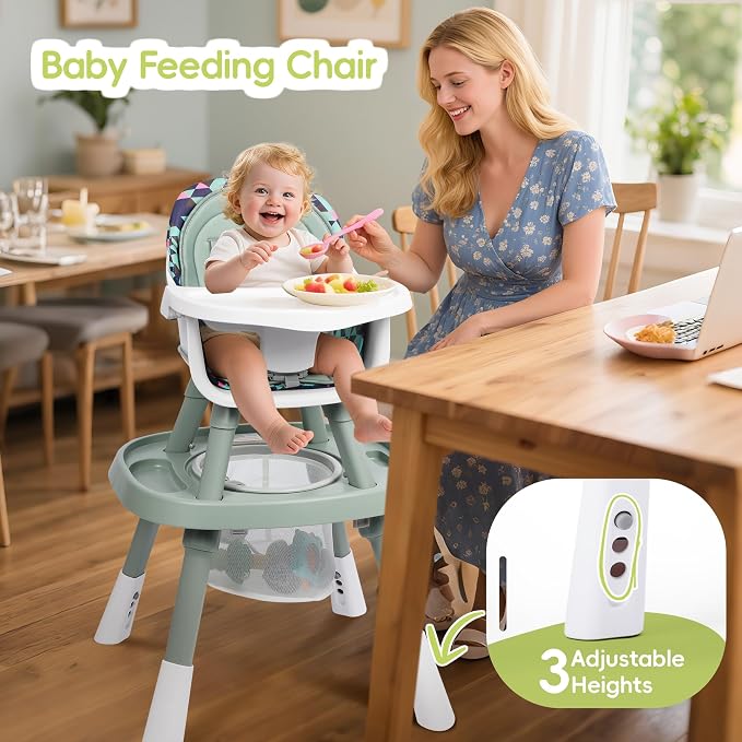 15 in 1 Convertiable High Chair for Babies and Toddlers, 2 in 1 Highchair & Activity Center w/Toys, Booster Seat, Toddler Chair w/5-Point Harness & Removable Tray & 2-Layer Cusion (Green)