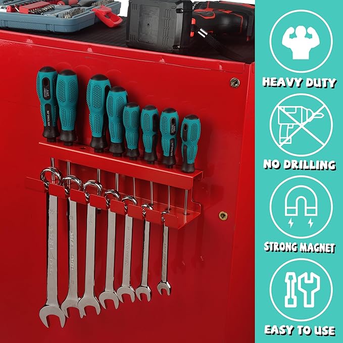ULIBERMAGNET Magnetic Wrench Holder,Heavy Duty Red Magnetic Screwdriver Holder,Wrench Screwdriver Shear Organizer Rack Magnetic Mount Multiple Tools Rack for Garage,Tool Cart,Pegboards,Workbench