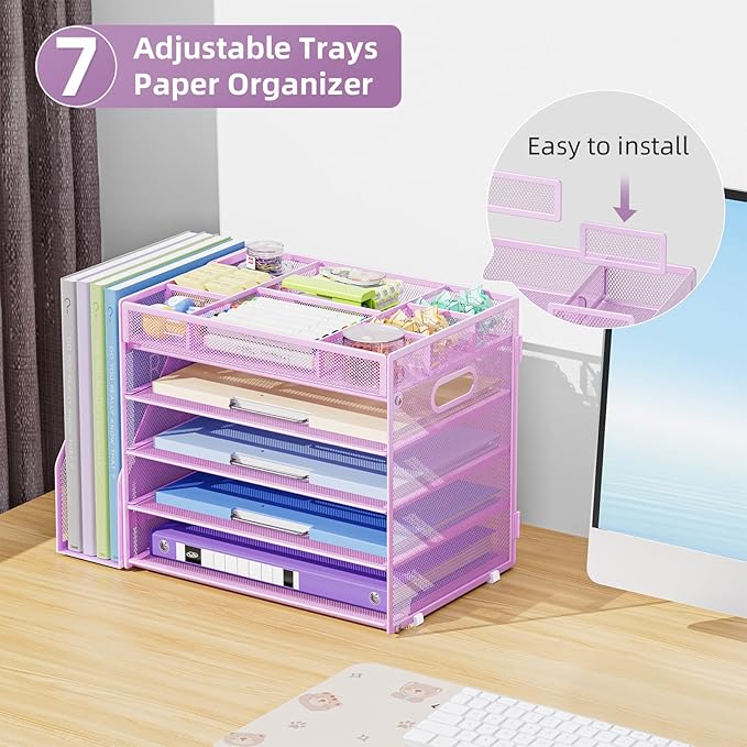 Marbrasse 5-Tier Desk Organizer with File Holder,Paper Letter Tray Organizer,Desktop File Organizer with Adjustable Compartments,Mesh Desk Organizers and Accessories for Office Supplies,Purple