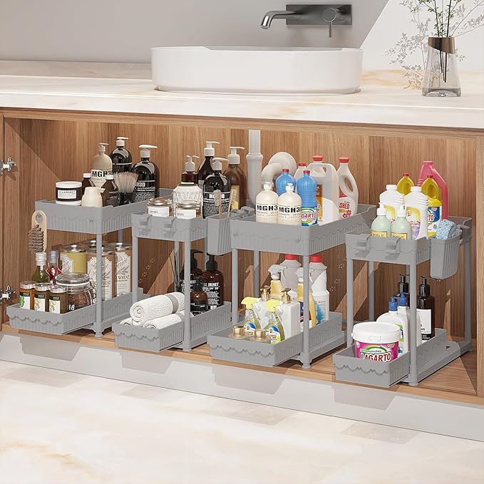 Under Sink Organizer, Bathroom Organizers and Storage, 2 Tier Multi-Use Pull Out Cabinet Organizer with Hang Hooks and Cups (Gray, 4 Pack)
